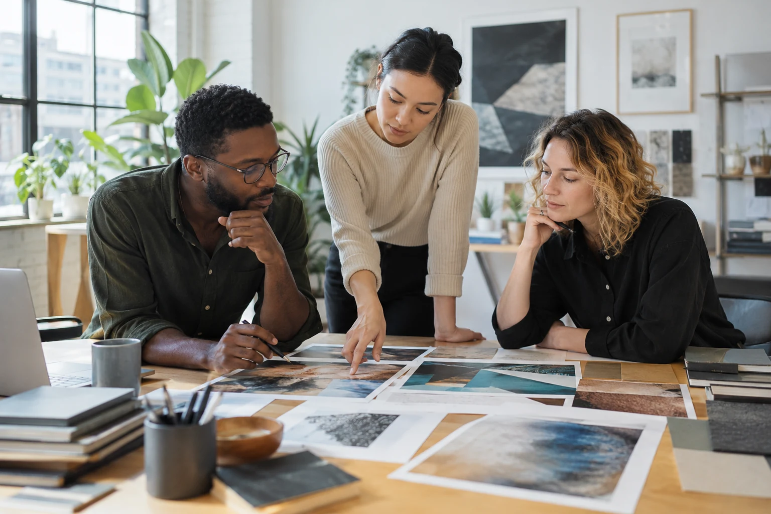 Three professionals collaborating over visual concept sheets