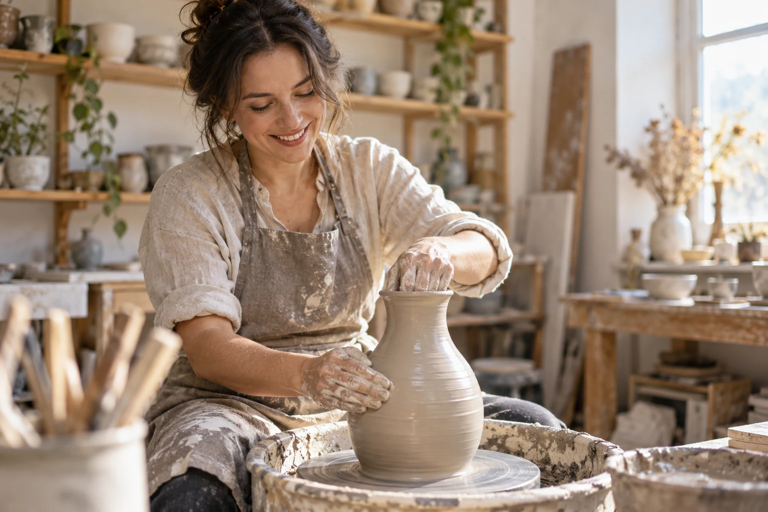 Ceramic artist working at a pottery wheel in a sunlit studio