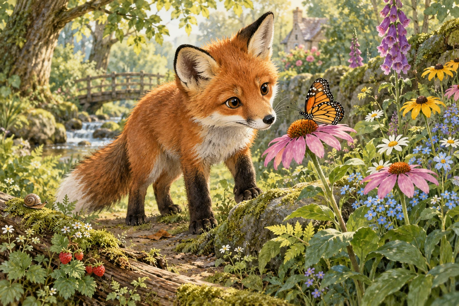 Painterly red fox watching a butterfly in a woodland garden