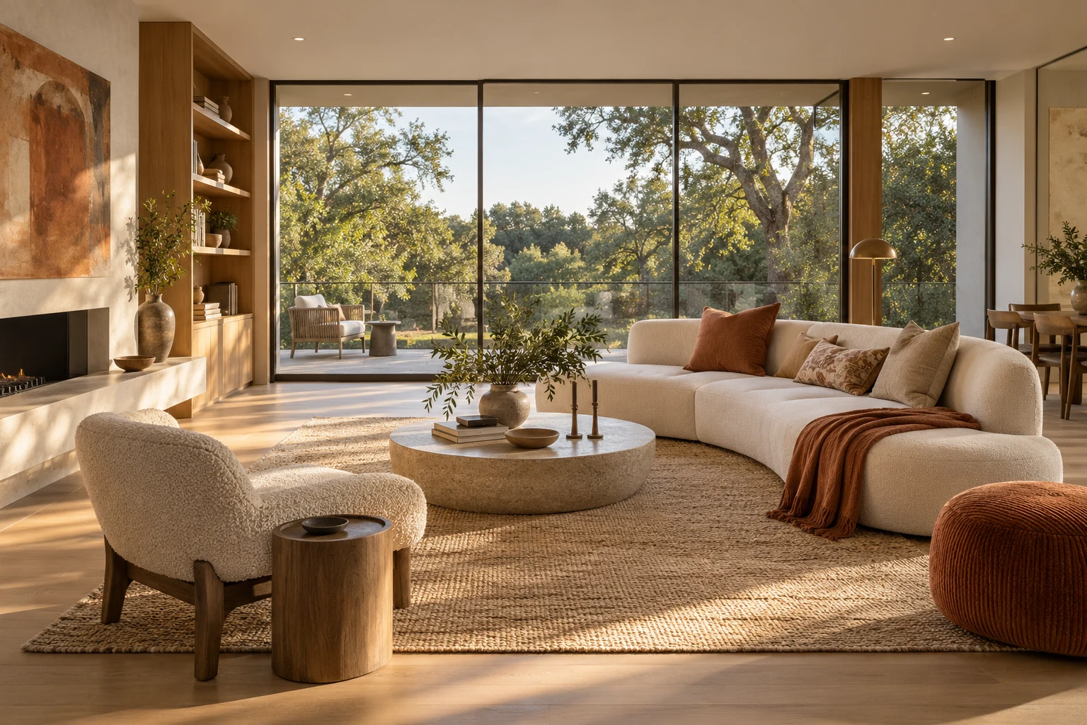 Contemporary oak and cream living room overlooking leafy trees