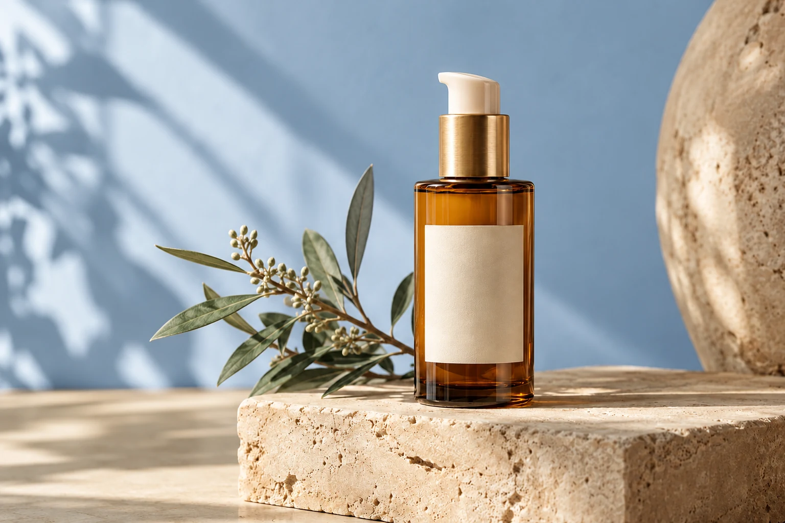 Amber serum bottle with ivory label against a powder-blue background