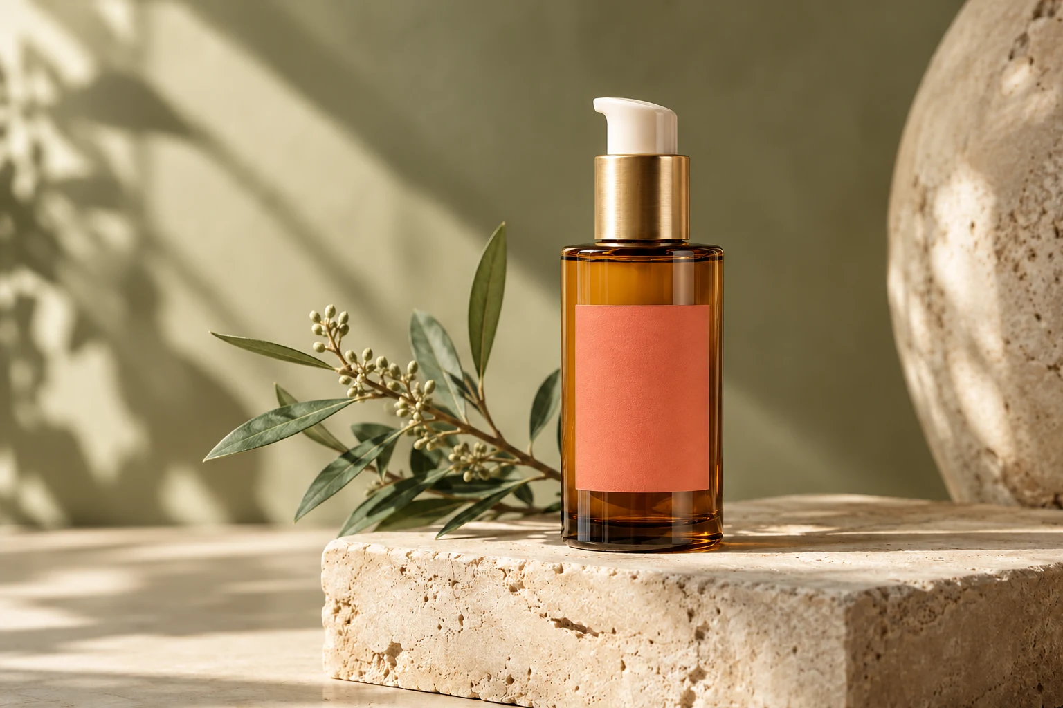 Amber serum bottle with coral label in the same product scene
